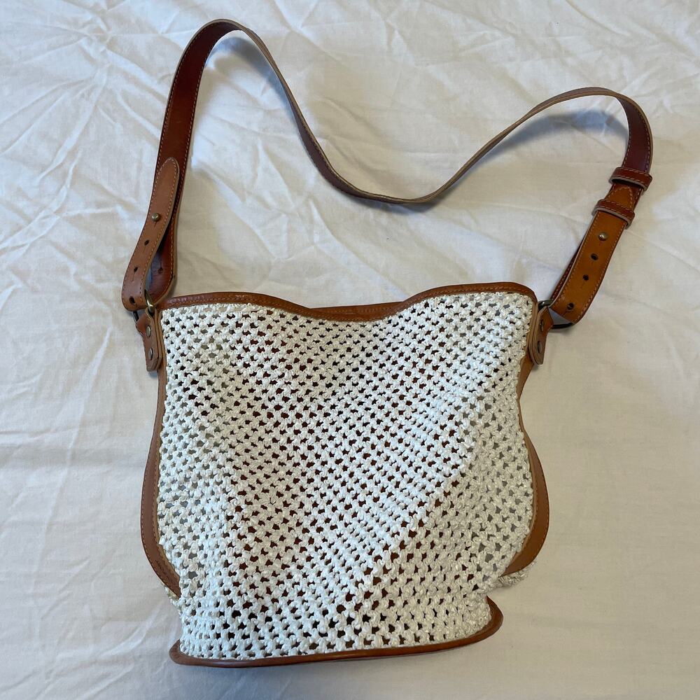 Creatures of Comfort Small Raffia Bucket Bag Ivory Camel Leather